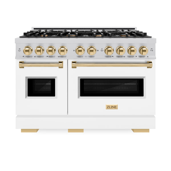 ZLINE Autograph Edition 48 in. 6.7 cu. ft. Classic Double Oven Gas Range with 8 Burner Cooktop in Stainless Steel and Polished Gold Accents (CGRZ-48-G)