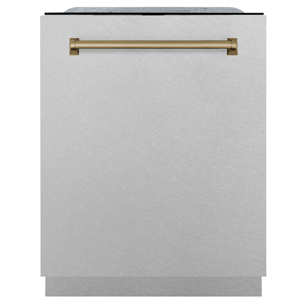 ZLINE Autograph Edition 24" Monument Series 3rd Rack Top Touch Control Tall Tub Dishwasher in Fingerprint Resistant Stainless Steel with Polished Gold Handle, 45dBa (DWMTZ-SN-24-G)