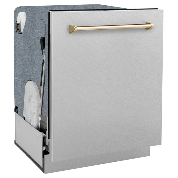 DWMTZ-SN-24-G ZLINE AUTOGRAPH EDITION 24" 3RD RACK TOP TOUCH CONTROL TALL TUB DISHWASHER IN DURASNOW STAINLESS STEEL WITH GOLD ACCENT HANDLE, 45DBA (DWMTZ-SN-24)