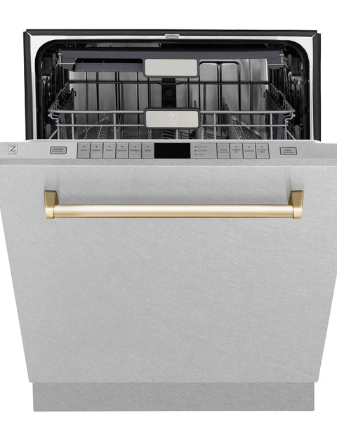DWMTZ-SN-24-G ZLINE AUTOGRAPH EDITION 24" 3RD RACK TOP TOUCH CONTROL TALL TUB DISHWASHER IN DURASNOW STAINLESS STEEL WITH GOLD ACCENT HANDLE, 45DBA (DWMTZ-SN-24)