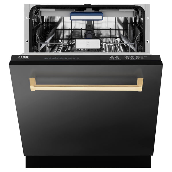 ZLINE 30" Autograph Edition Kitchen Package with Black Stainless Steel Dual Fuel Range, Range Hood, Dishwasher and Refrigeration with Polished Gold Accents (4AKPR-RABRHDWV30-G)