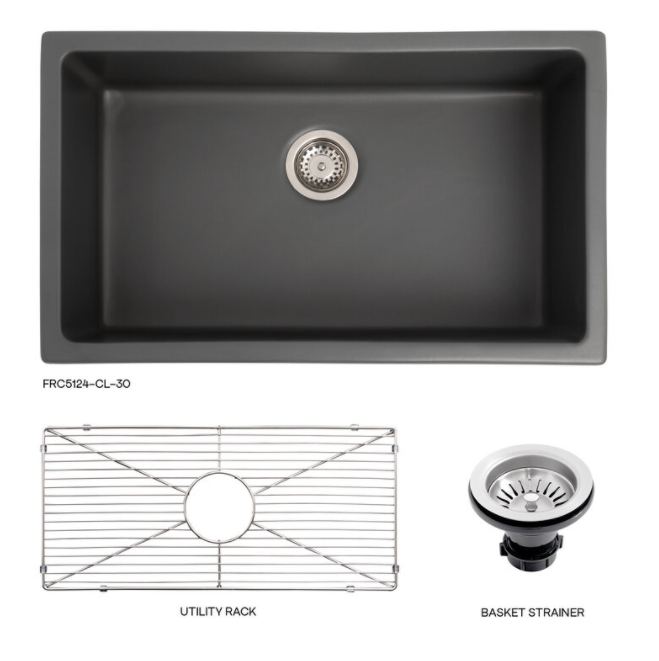 ZLINE 30" ROME DUAL MOUNT SINGLE BOWL FIRECLAY KITCHEN SINK CHARCOAL GREY WITH BOTTOM GRID (FRC5124-CL-30)