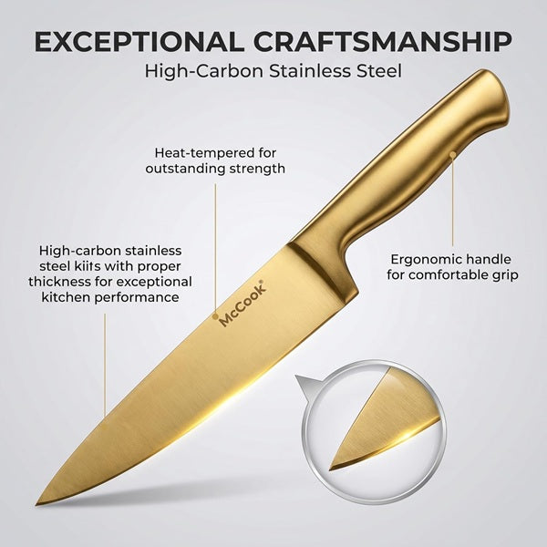 McCook® Kitchen Knife Sets, Golden Titanium Stainless Steel with Built-in Sharpener, 15 Piece Knives, Elegant Gold & Stylish Wooden Block