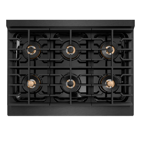 ZLINE Autograph Edition 36 in. 5.2 cu. ft. Paramount Gas Range with 6 Burner DuoPro™ Cooktop and Convection Gas Oven in Black Satin Stainless Steel and Polished Gold Accents (PSGRBSZ-36-G)