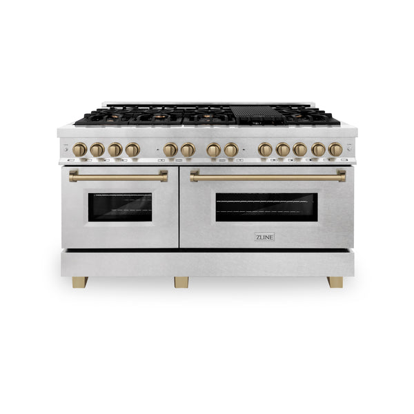 ZLINE Autograph Edition 60 in. 7.4 cu. ft. Legacy Dual Fuel Range with 9 Burner Gas Cooktop and 2 Electric Convection Ovens in Satin Stainless Steel and Accents (RASZ-SN-60-G/CB)