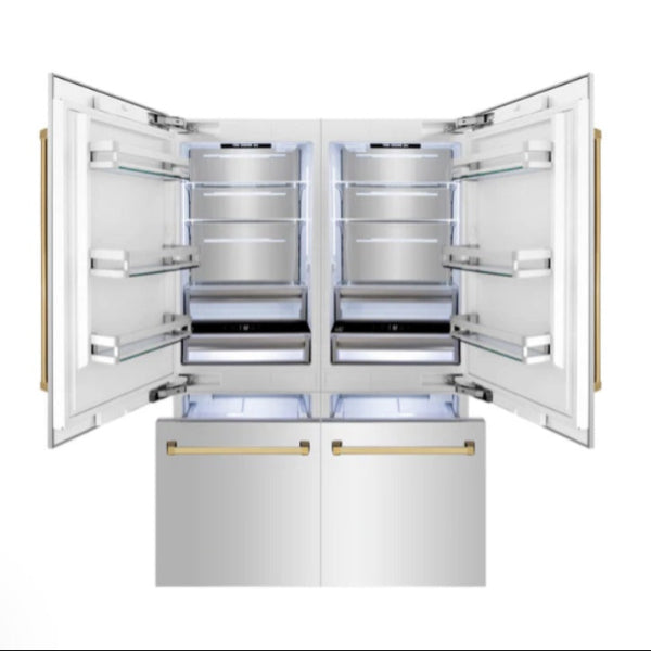 ZLINE 60" AUTOGRAPH EDITION 32.2 CU. FT. BUILT-IN 4-DOOR FRENCH DOOR REFRIGERATOR WITH INTERNAL WATER AND ICE DISPENSER IN STAINLESS STEEL WITH POLISHED GOLD ACCENTS (RBIVZ-304-60-G)