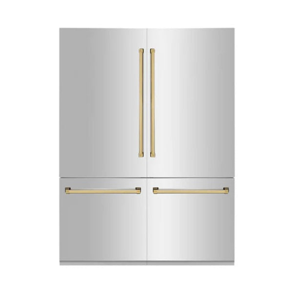 ZLINE 60" AUTOGRAPH EDITION 32.2 CU. FT. BUILT-IN 4-DOOR FRENCH DOOR REFRIGERATOR WITH INTERNAL WATER AND ICE DISPENSER IN STAINLESS STEEL WITH POLISHED GOLD ACCENTS (RBIVZ-304-60-G)