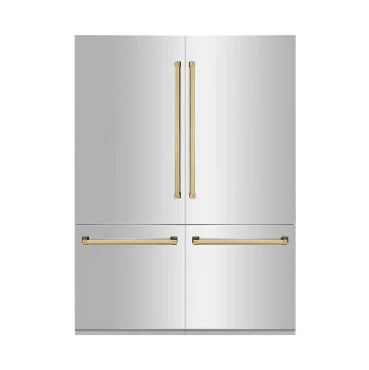 ZLINE 60" AUTOGRAPH EDITION 32.2 CU. FT. BUILT-IN 4-DOOR FRENCH DOOR REFRIGERATOR WITH INTERNAL WATER AND ICE DISPENSER IN STAINLESS STEEL WITH POLISHED GOLD ACCENTS (RBIVZ-304-60-G)