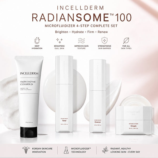 INCELLDERM ICD Radiansome™100 Microfluidizer 4-Piece Skincare Set | Cleanser, Toner, Essence & Cream | Korean Brightening & Hydrating System