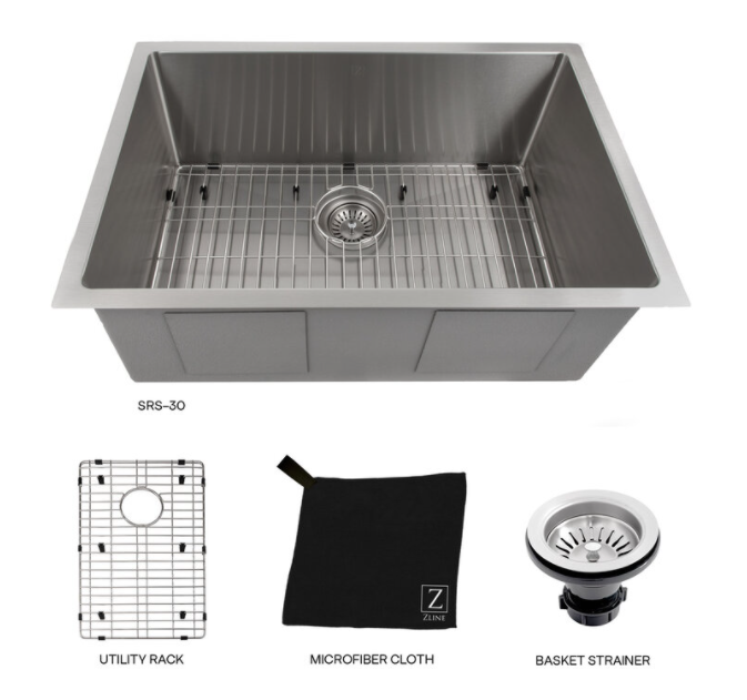 ZLINE 30" MERIBEL UNDERMOUNT SINGLE BOWL STAINLESS STEEL KITCHEN SINK WITH BOTTOM GRID (SRS-30)