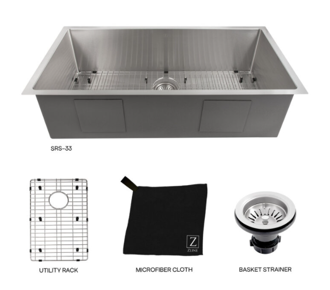 ZLINE 33" MERIBEL UNDERMOUNT SINGLE BOWL STAINLESS STEEL KITCHEN SINK WITH BOTTOM GRID (SRS-33)