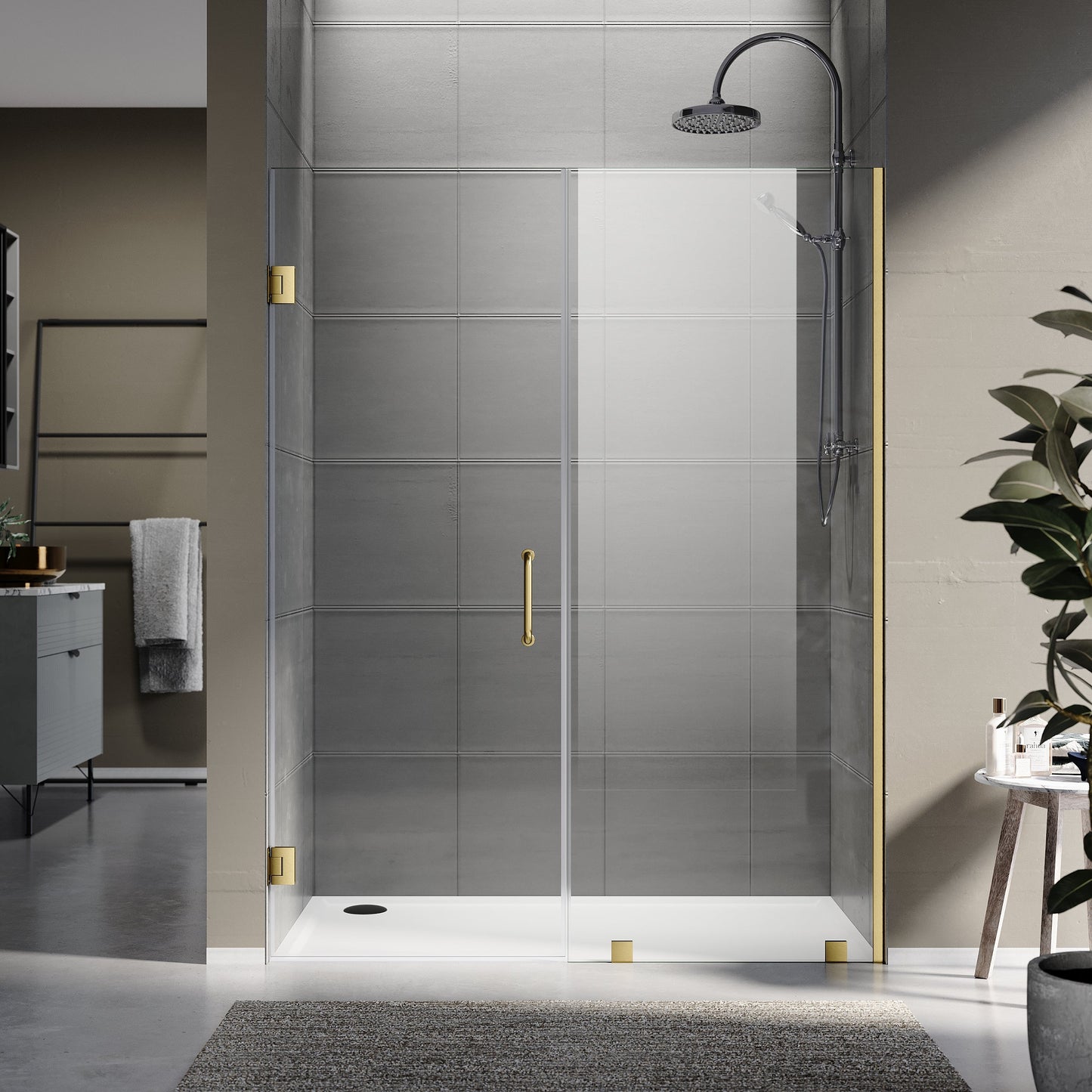 Frameless Swing Shower Door, 54"–59.5"Width x 80" Height, Double 3/8" Tempered Clear Glass, 26–28" Door Panel