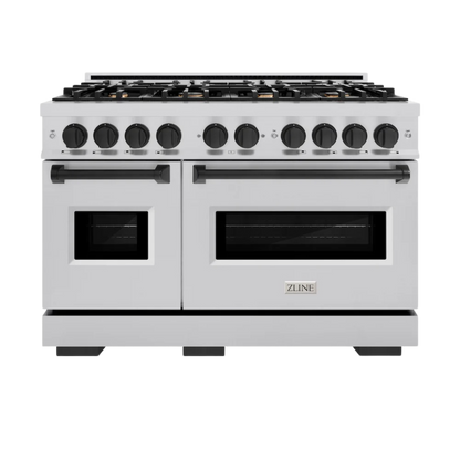 ZLINE Autograph Edition 48 in. 6.7 cu. ft. Classic Double Oven Gas Range with 8 Burner Cooktop in Stainless Steel with Matte Black Accents