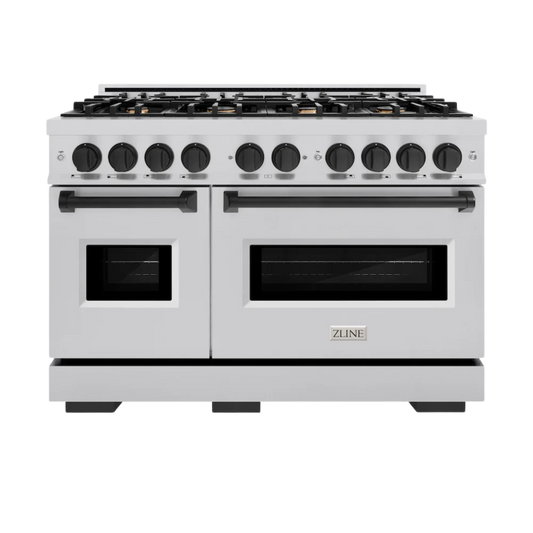 ZLINE Autograph Edition 48 in. 6.7 cu. ft. Classic Double Oven Gas Range with 8 Burner Cooktop in Stainless Steel with Matte Black Accents