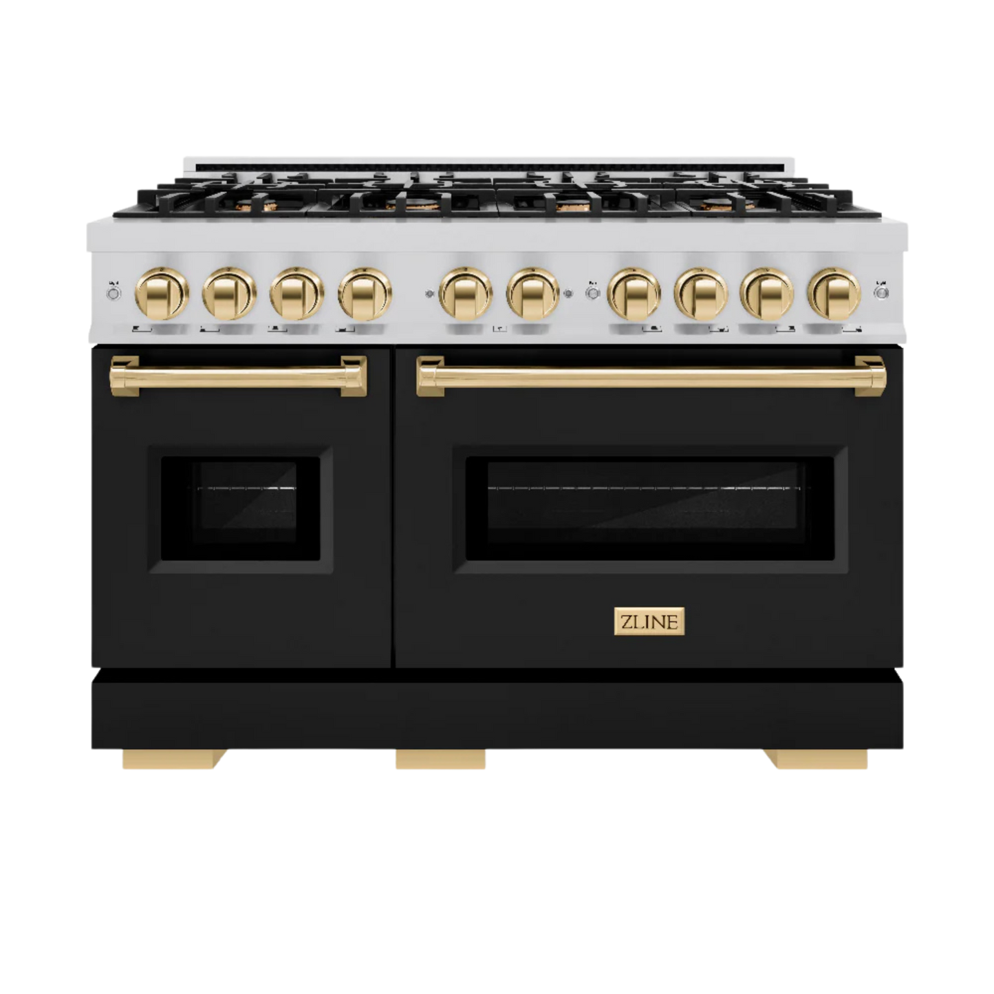 ZLINE Autograph Edition 48 in. 6.7 cu. ft. Classic Double Oven Gas Range with 8 Burner Cooktop in Stainless Steel with Polished Gold Accents