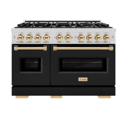ZLINE Autograph Edition 48 in. 6.7 cu. ft. Classic Double Oven Gas Range with 8 Burner Cooktop in Stainless Steel with Polished Gold Accents