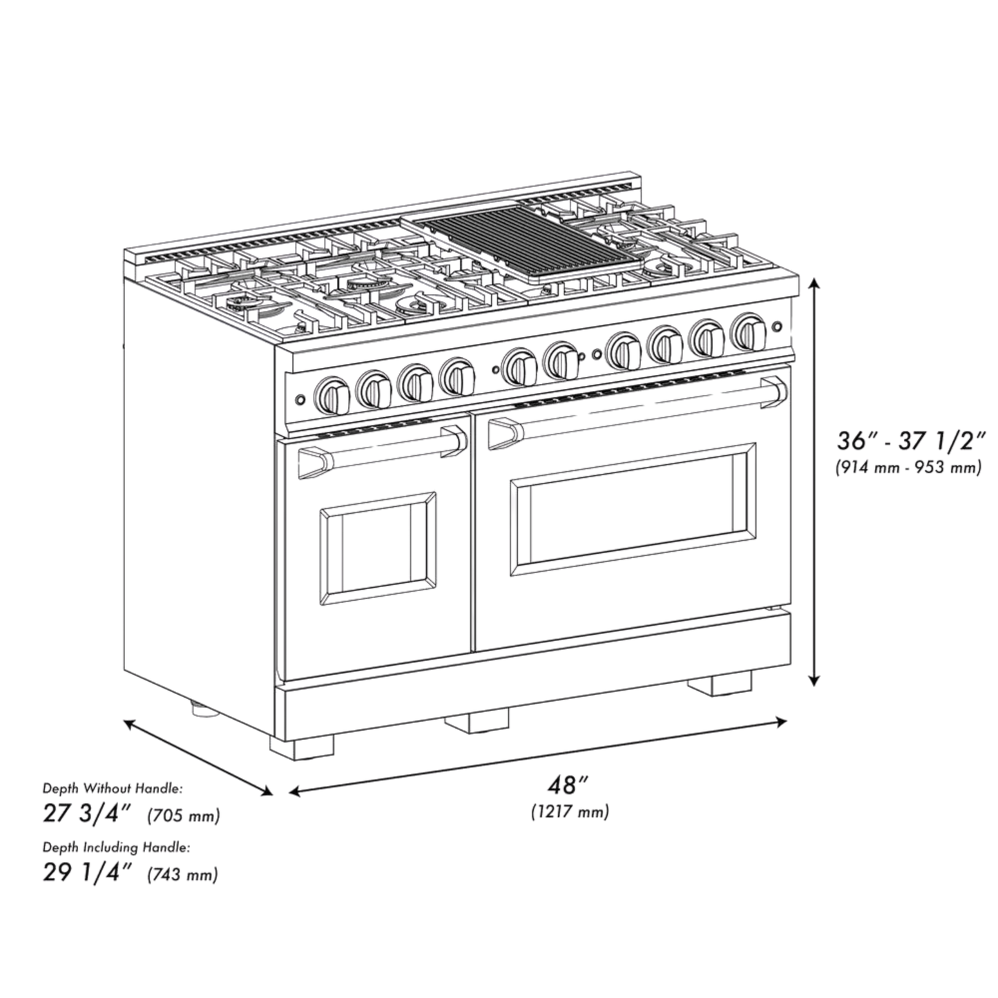 ZLINE 48 in. 6.7 cu. ft. Classic Double Oven Gas Range with 8 Burner Cooktop in Stainless Steel