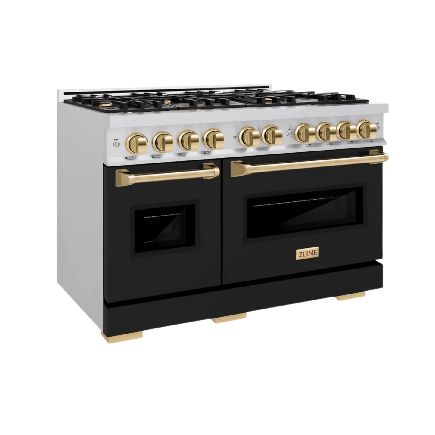 ZLINE Autograph Edition 48 in. 6.7 cu. ft. Classic Double Oven Gas Range with 8 Burner Cooktop in Stainless Steel with Polished Gold Accents