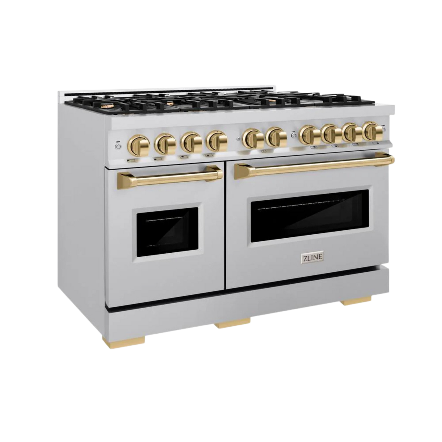 ZLINE Autograph Edition 48 in. 6.7 cu. ft. Classic Double Oven Gas Range with 8 Burner Cooktop in Stainless Steel with Polished Gold Accents