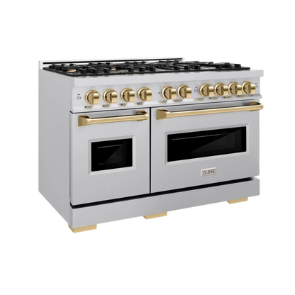 ZLINE Autograph Edition 48 in. 6.7 cu. ft. Classic Double Oven Gas Range with 8 Burner Cooktop in Stainless Steel with Polished Gold Accents
