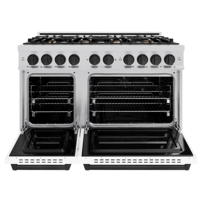 ZLINE Autograph Edition 48 in. 6.7 cu. ft. Classic Double Oven Gas Range with 8 Burner Cooktop in Stainless Steel with Matte Black Accents