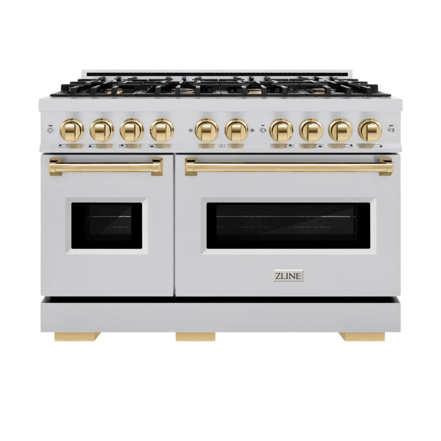 ZLINE Autograph Edition 48 in. 6.7 cu. ft. Classic Double Oven Gas Range with 8 Burner Cooktop in Stainless Steel with Polished Gold Accents