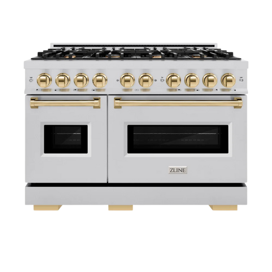 ZLINE Autograph Edition 48 in. 6.7 cu. ft. Classic Double Oven Gas Range with 8 Burner Cooktop in Stainless Steel with Polished Gold Accents