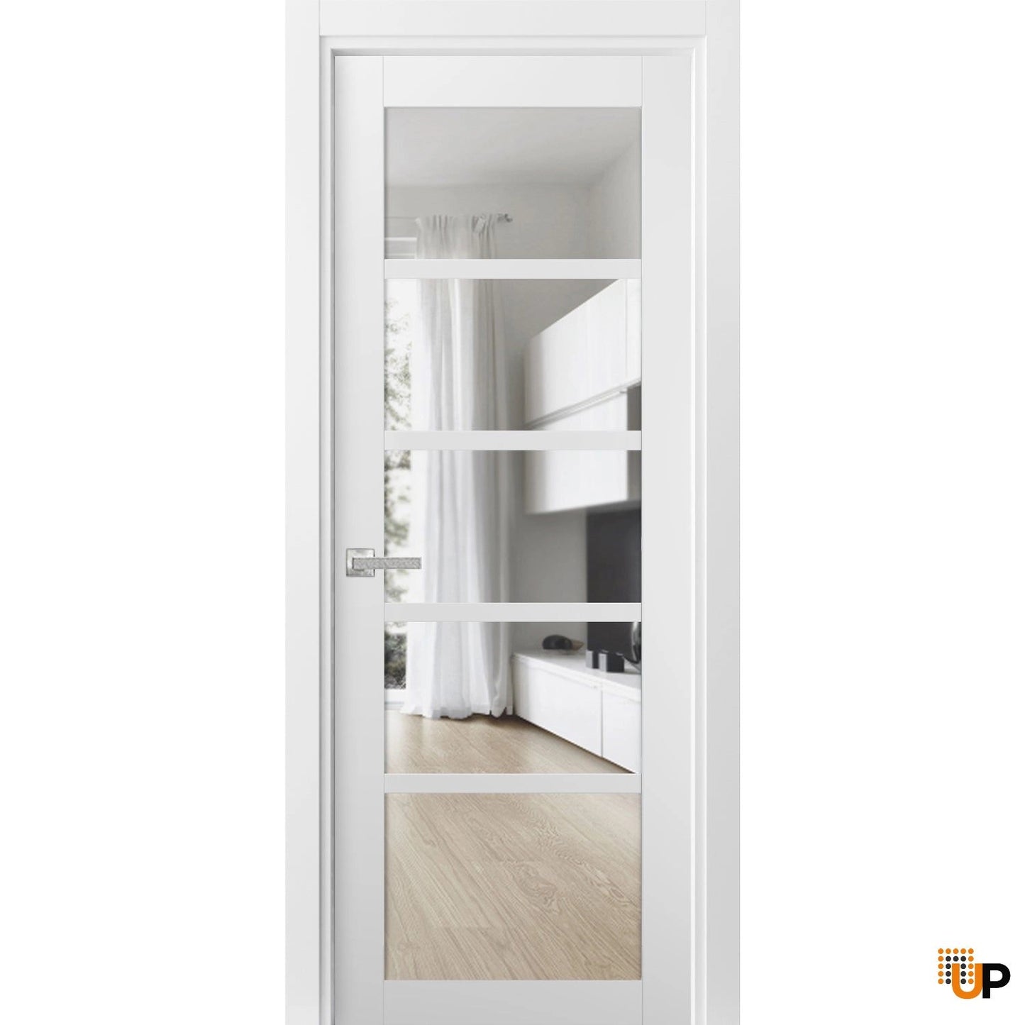 Quadro 4522 White  | Single mdf luxury interior swing door with clear glass