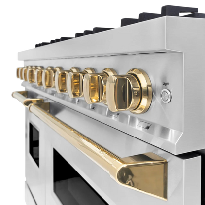 ZLINE Autograph Edition 48 in. 6.7 cu. ft. Classic Double Oven Gas Range with 8 Burner Cooktop in Stainless Steel with Polished Gold Accents