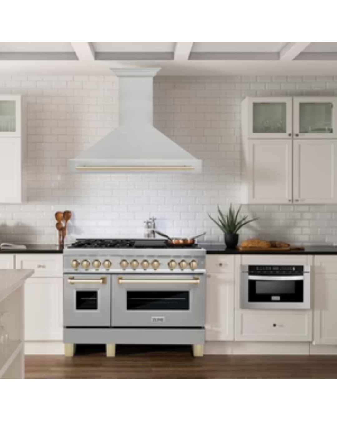 ZLINE Autograph Edition 48 in. Satin Stainless Steel Wall Mount Range Hood with Polished Gold Handle (8654SNZ-48-G)