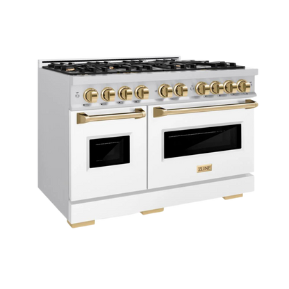 ZLINE Autograph Edition 48 in. 6.7 cu. ft. Classic Double Oven Gas Range with 8 Burner Cooktop in Stainless Steel with Polished Gold Accents