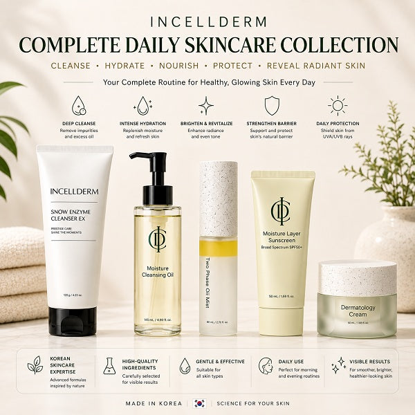 INCELLDERM Complete 5-Step Korean Skincare Set | Cleanser, Toner, Cleansing Oil, Two Phase Mist, Sunscreen & Dermatology Cream