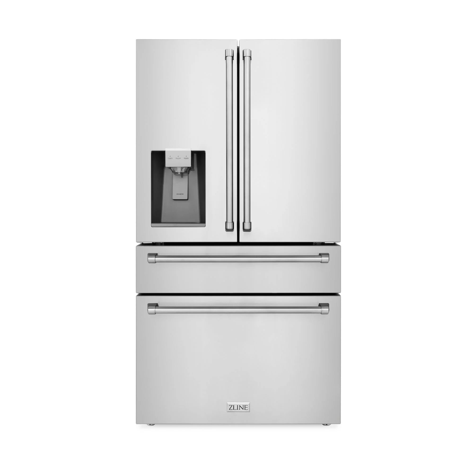 Stainless steel refrigerator with water and ice dispenser on a white background