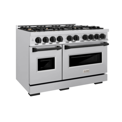 ZLINE Autograph Edition 48 in. 6.7 cu. ft. Classic Double Oven Gas Range with 8 Burner Cooktop in Stainless Steel with Matte Black Accents
