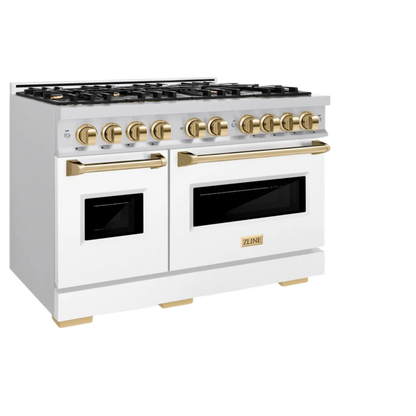 ZLINE Autograph Edition 48 in. 6.7 cu. ft. Classic Double Oven Gas Range with 8 Burner Cooktop in Stainless Steel with Polished Gold Accents