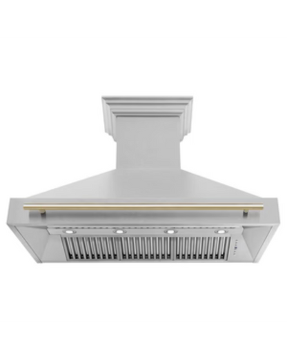 ZLINE Autograph Edition 48 in. Satin Stainless Steel Wall Mount Range Hood with Polished Gold Handle (8654SNZ-48-G)