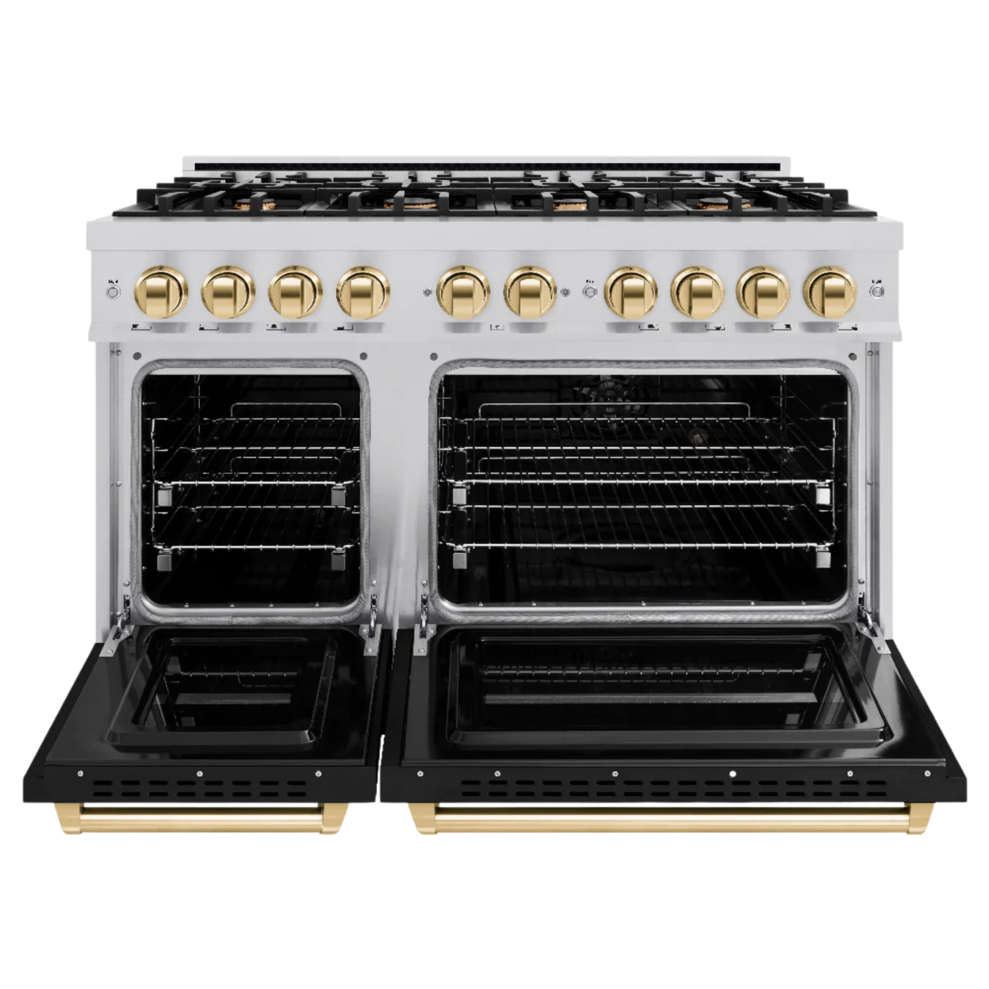 ZLINE Autograph Edition 48 in. 6.7 cu. ft. Classic Double Oven Gas Range with 8 Burner Cooktop in Stainless Steel with Polished Gold Accents