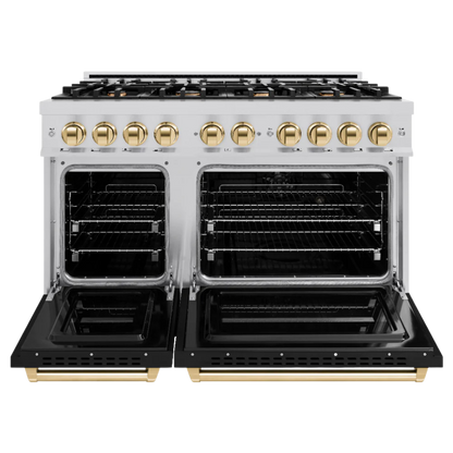 ZLINE Autograph Edition 48 in. 6.7 cu. ft. Classic Double Oven Gas Range with 8 Burner Cooktop in Stainless Steel with Polished Gold Accents