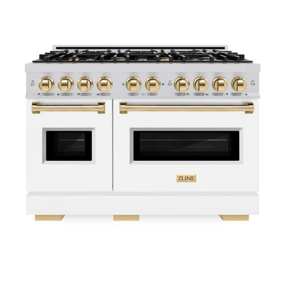 ZLINE Autograph Edition 48 in. 6.7 cu. ft. Classic Double Oven Gas Range with 8 Burner Cooktop in Stainless Steel and Polished Gold Accents (CGRZ-48-G)
