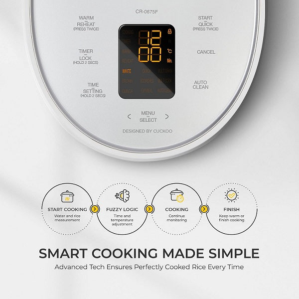 CUCKOO CR-0675FW 6-Cup Micom Fuzzy Logic Rice Cooker – 12 Cups Cooked, 10 Cooking Modes, Nonstick Pot, White