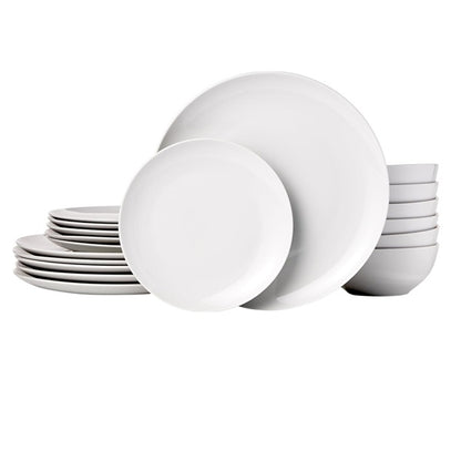 18-Piece Complete Kitchen Dinnerware Set, Microwave and Dishwasher Safe, Plates, Dishes, Bowls for Everyday Use, Service for 6, White Porcelain Coupe
