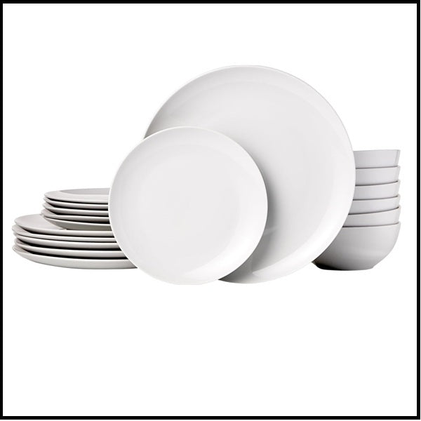 18-Piece Complete Kitchen Dinnerware Set, Microwave and Dishwasher Safe, Plates, Dishes, Bowls for Everyday Use, Service for 6, White Porcelain Coupe