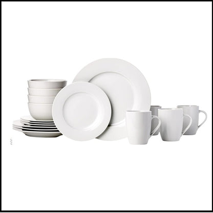 16-Piece Porcelain Dinnerware Set, Microwave and Dishwasher Safe, Service for 4, Plates, Bowls and Mugs, White