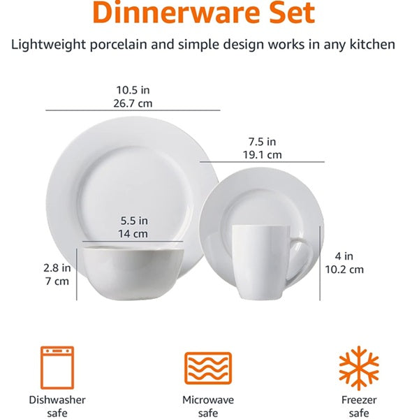 16-Piece Porcelain Dinnerware Set, Microwave and Dishwasher Safe, Service for 4, Plates, Bowls and Mugs, White