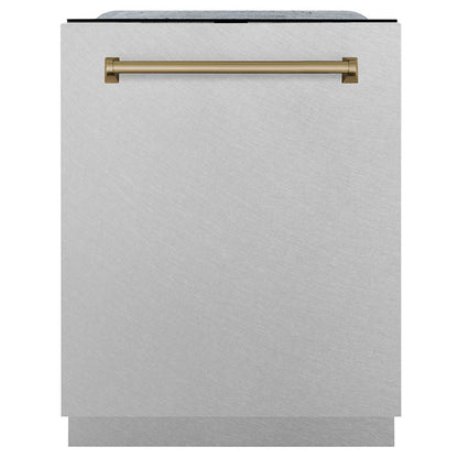 ZLINE Autograph Edition 24" Monument Series 3rd Rack Top Touch Control Tall Tub Dishwasher in Fingerprint Resistant Stainless Steel with Polished Gold Handle, 45dBa (DWMTZ-SN-24-G)