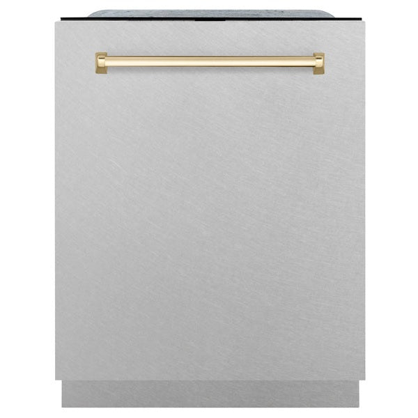 ZLINE Autograph Edition 24" Monument Series 3rd Rack Top Touch Control Tall Tub Dishwasher in Fingerprint Resistant Stainless Steel with Polished Gold Handle, 45dBa (DWMTZ-SN-24-G)