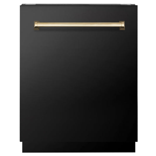 ZLINE Autograph Edition 24" Tallac Series 3rd Rack Top Control Built-In Tall Tub Dishwasher in Black Stainless Steel with Polished Gold Handle, 51dBa (DWVZ-BS-24-G)