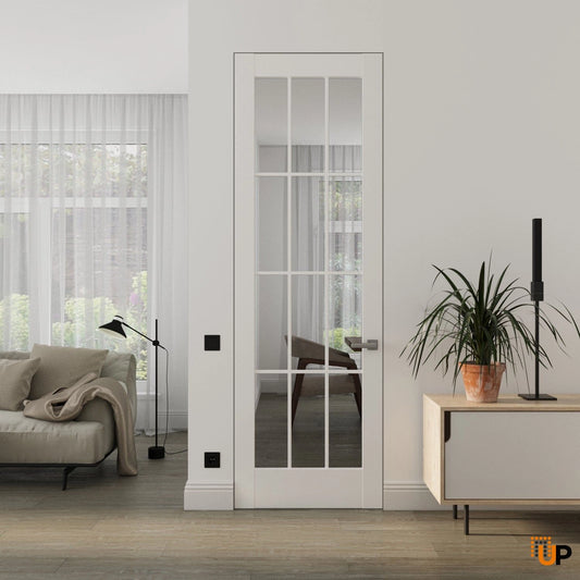 Felicia 3355 White Silk, Single swing modern interior frameless doors with clear glass