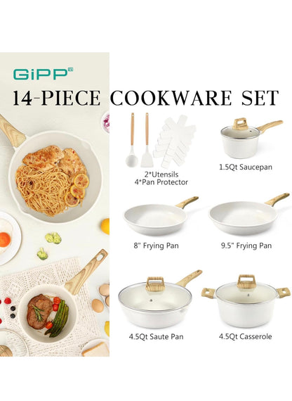 GiPP 10-Piece Nonstick Cookware Set – White Granite Pots & Pans with Induction Compatibility