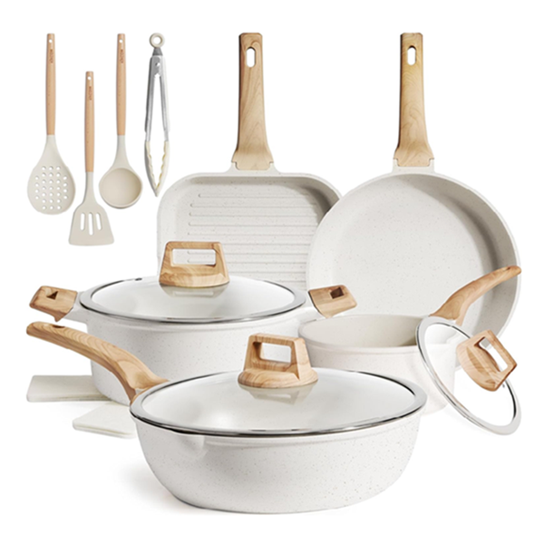 Kikcoin 16-Piece White Ceramic Cookware Set | Nonstick Pots & Pans